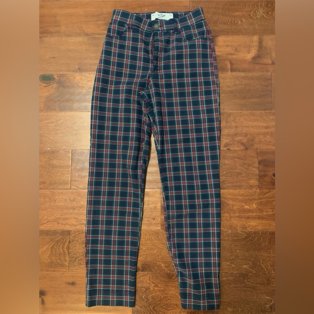 Plaid blue and red straight leg pants